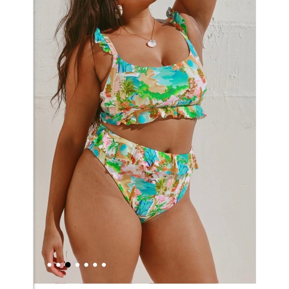 Show Me Your Mumu High Waisted Ruffle Bikini Bottoms Scenic Print Small NWT